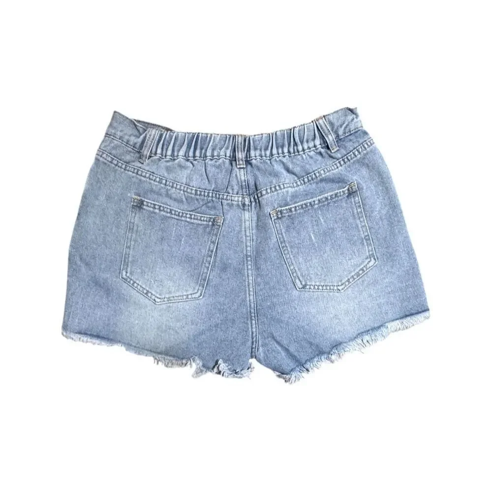 Very J Light Wash Patriotic Distressed Raw Hem Denim Shorts Boho USA Stretch NWT